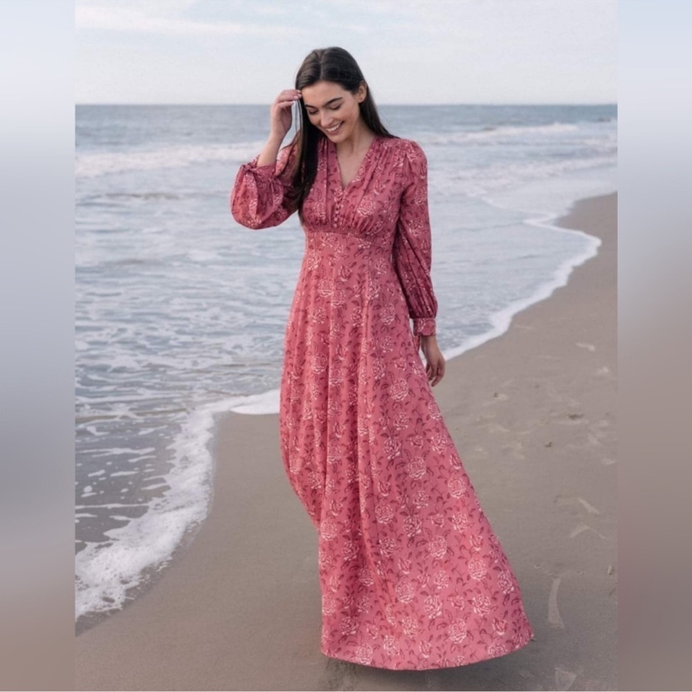 Gal Meets Glam Florence Pink Floral Maxi Dress Sz 4 Romantic Tie Cuff Gown - Picture 3 of 8